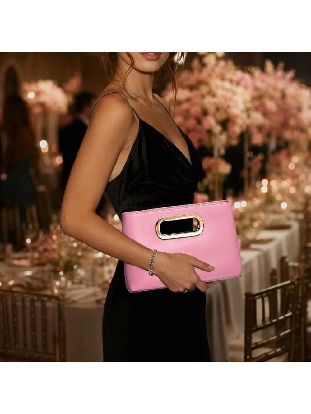 Womens Pink Clutch Handbag Modern Faux Leather with Metal Handle Evening Bag